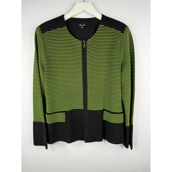 Misook Sweaters - Misook Zip Front Cardigan Womens Sz L‎ Green Black Stripe Contemporary Mature